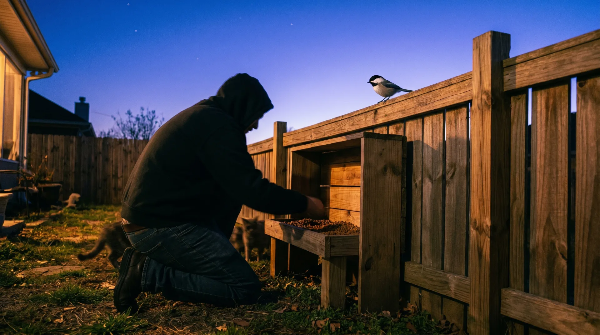 A community cat caretaker silhouetted in blue-hour dusk light refilling a feeding station near a wooden fence, with a small songbird visible perched on the fence rail in the same frame, both subjects coexisting under managed colony care