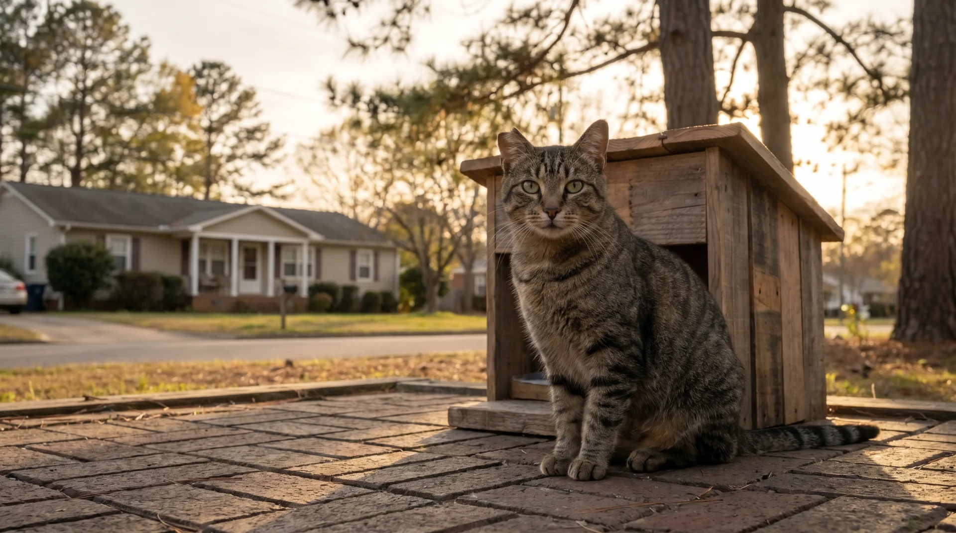 An ear-tipped tabby cat sits alertly outside a small wooden colony shelter on a quiet residential street at golden hour, soft natural light spilling across the scene with North Carolina pine trees blurred on the horizon, the clipped left ear clearly visible as a sterilization marker