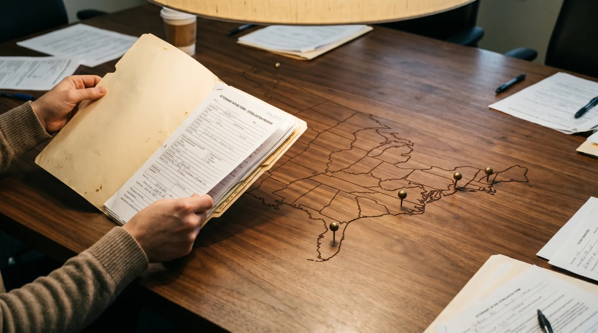 A US map subtly engraved on a wooden conference table with small painted markers placed on New Jersey, New Hampshire, Florida, and North Carolina; a volunteer's hands hold a folder of veterinary intake forms above the map, conveying the comparison of state community-cat funding policies