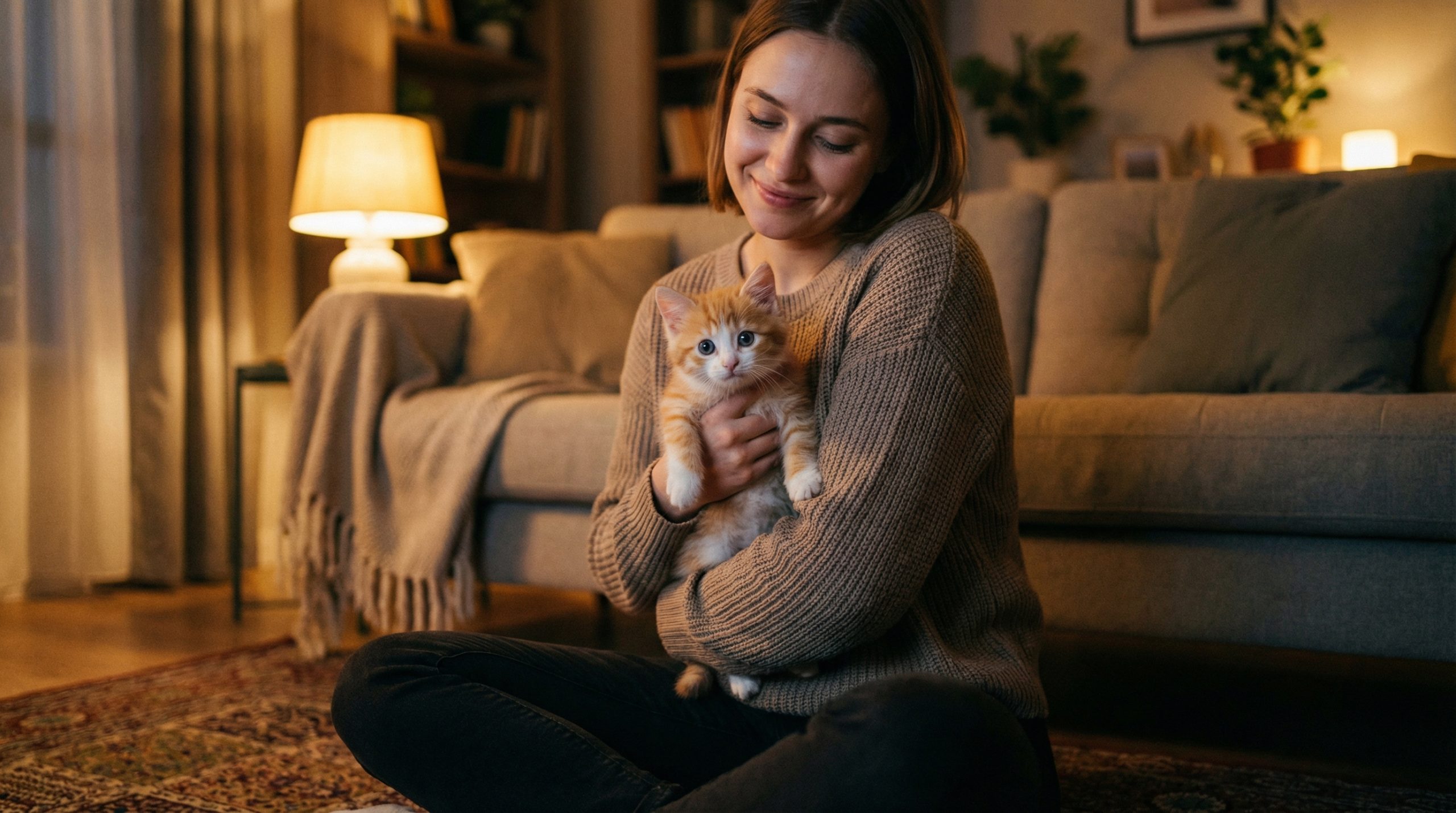A young woman holds a tiny orange and white kitten close to her chest at home, the kitten looking up at the camera, soft warm lamp light in the background