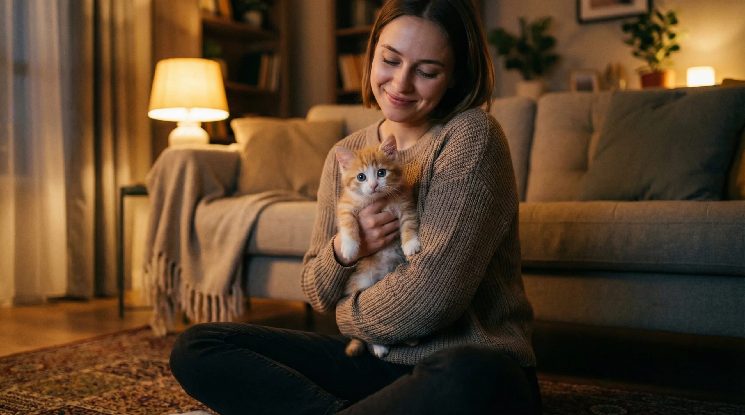 A young woman holds a tiny orange and white kitten close to her chest at home, the kitten looking up at the camera, soft warm lamp light in the background