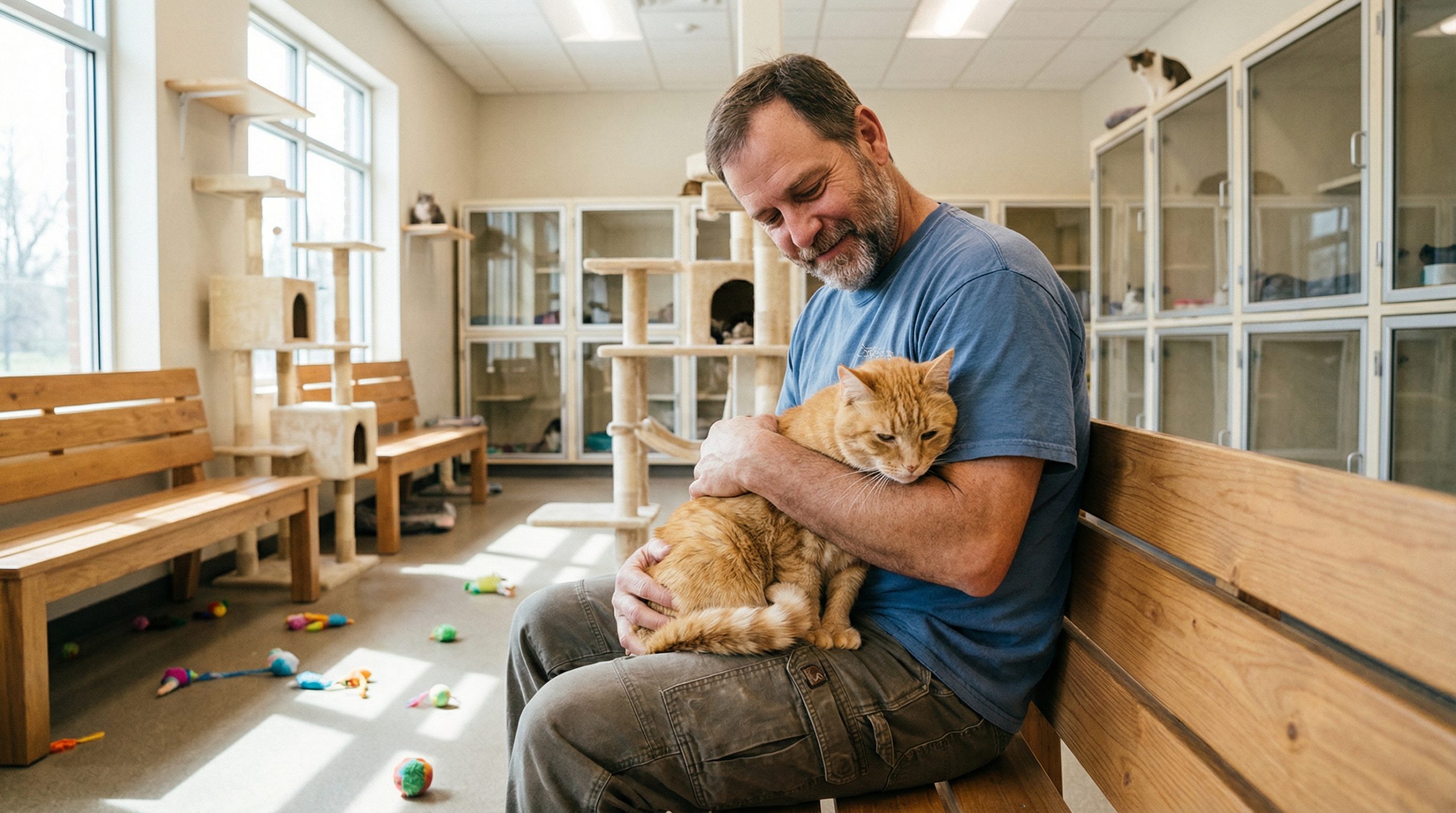 A volunteer gently holds and socializes an orange tabby cat at a North Carolina animal shelter cat room, the cat relaxed and calm against the volunteer's chest