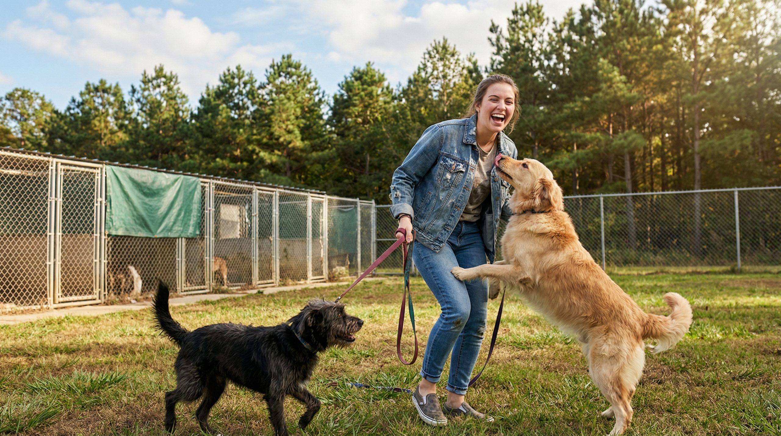 A smiling volunteer walks two excited shelter dogs on leashes in the outdoor exercise yard of a North Carolina animal shelter, chain-link kennels and green trees visible in the background