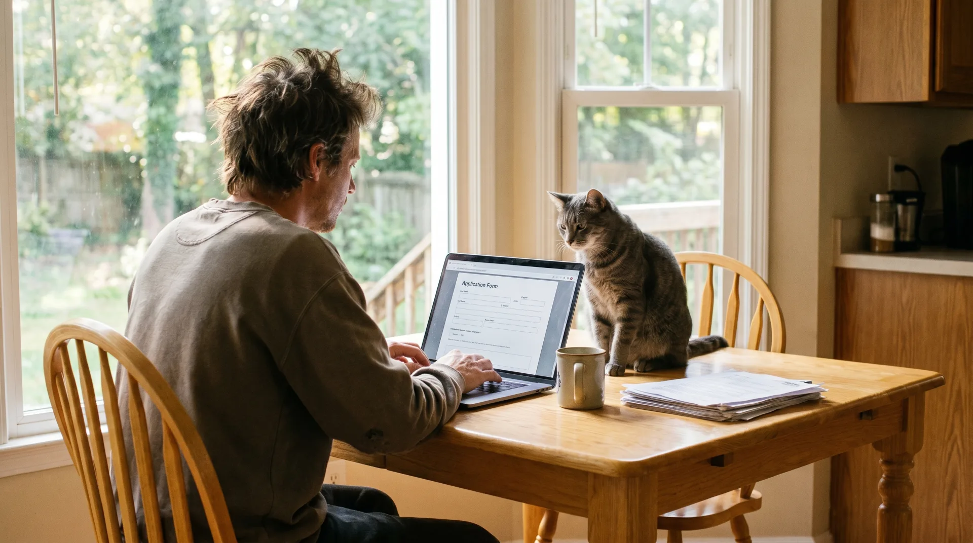 A person fills out an online foster application on a laptop at a kitchen table while a calm gray cat sits beside them in a sunny North Carolina home