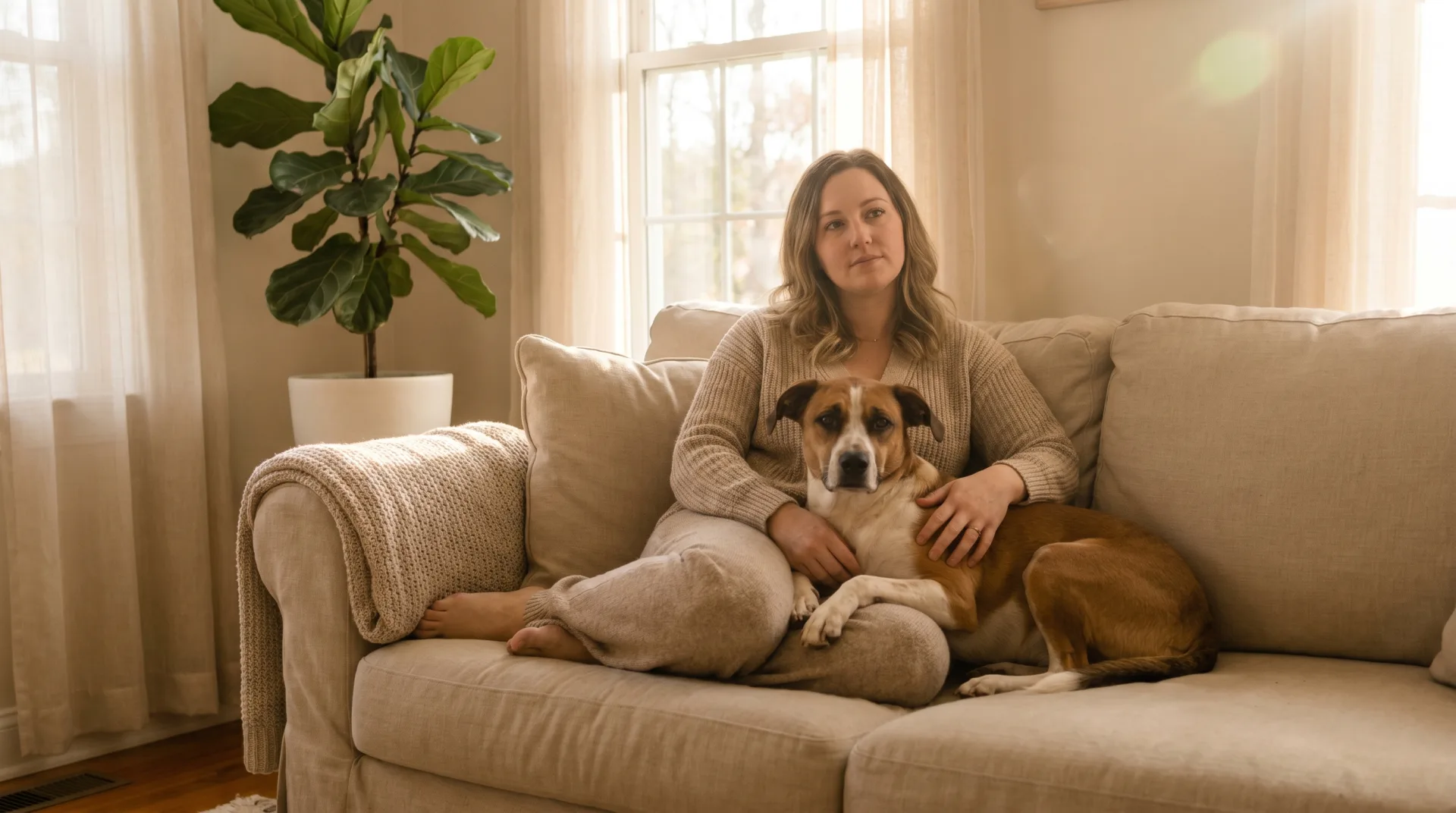 A young woman sits on a couch in a warm, sunlit North Carolina living room with a relaxed brown-and-white mixed-breed foster dog leaning contentedly against her side