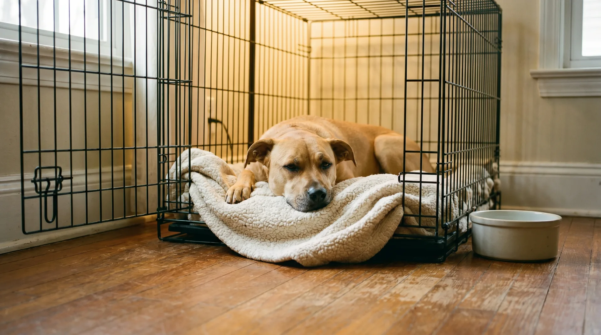 A calm tan foster dog rests on a soft blanket inside an open wire crate in a quiet corner of a North Carolina home, looking relaxed and settled