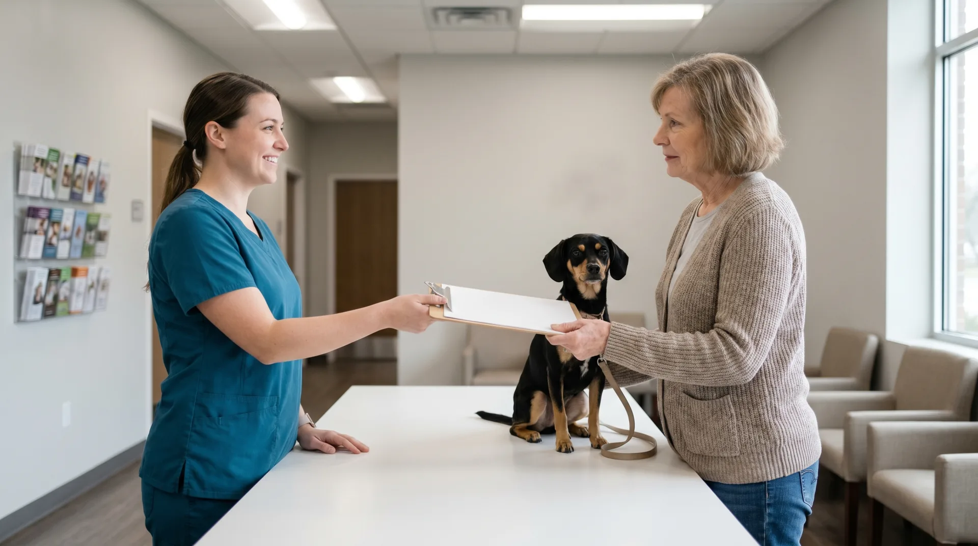 A smiling veterinary technician in teal scrubs hands a clipboard with a blank intake form across a clean white clinic counter to an older pet owner in a tan cardigan, while a calm black-and-tan small mixed-breed dog on a leash sits politely on the counter between them, conveying a welcoming low-cost spay/neuter clinic check-in