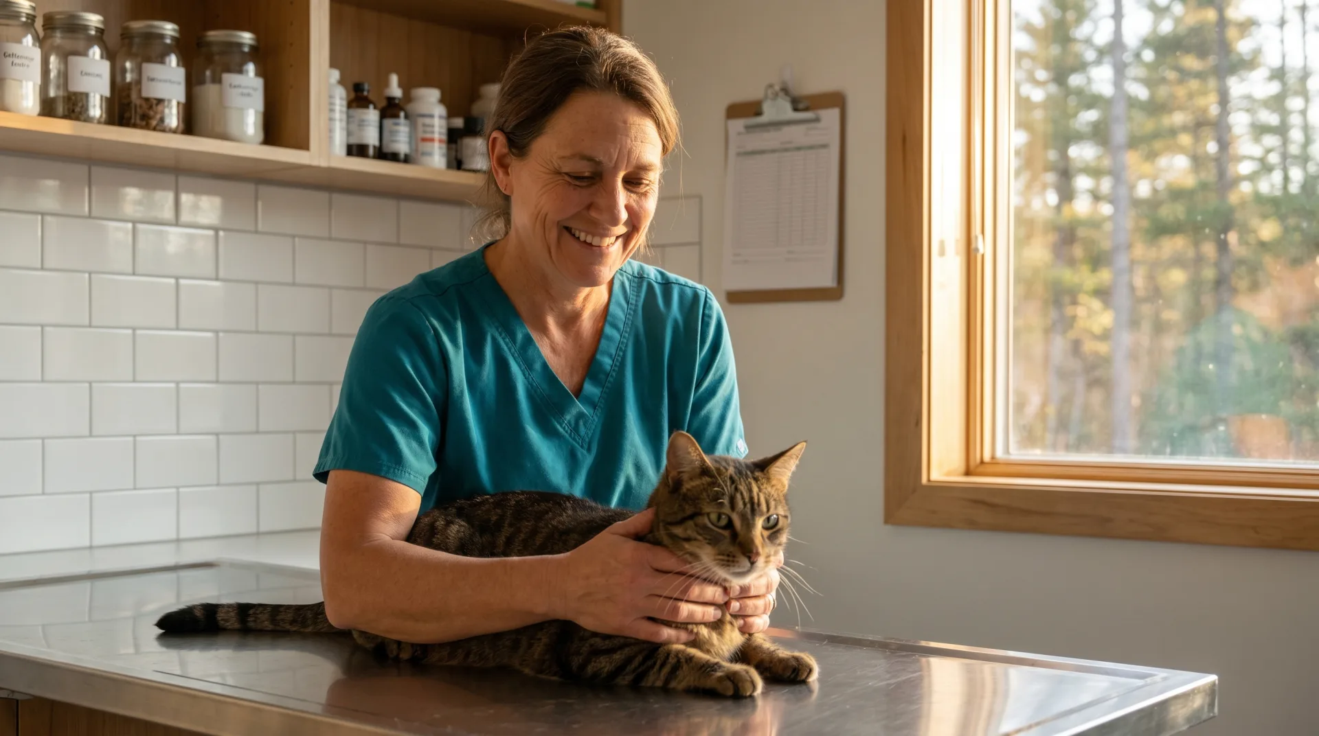 A veterinary technician in teal scrubs gently holds a relaxed adult brown tabby cat on a stainless steel exam table inside a clean rural-style spay/neuter clinic; warm golden-hour daylight spills through a side window with North Carolina pine trees blurred outside, conveying a calm and reassuring low-cost clinic visit