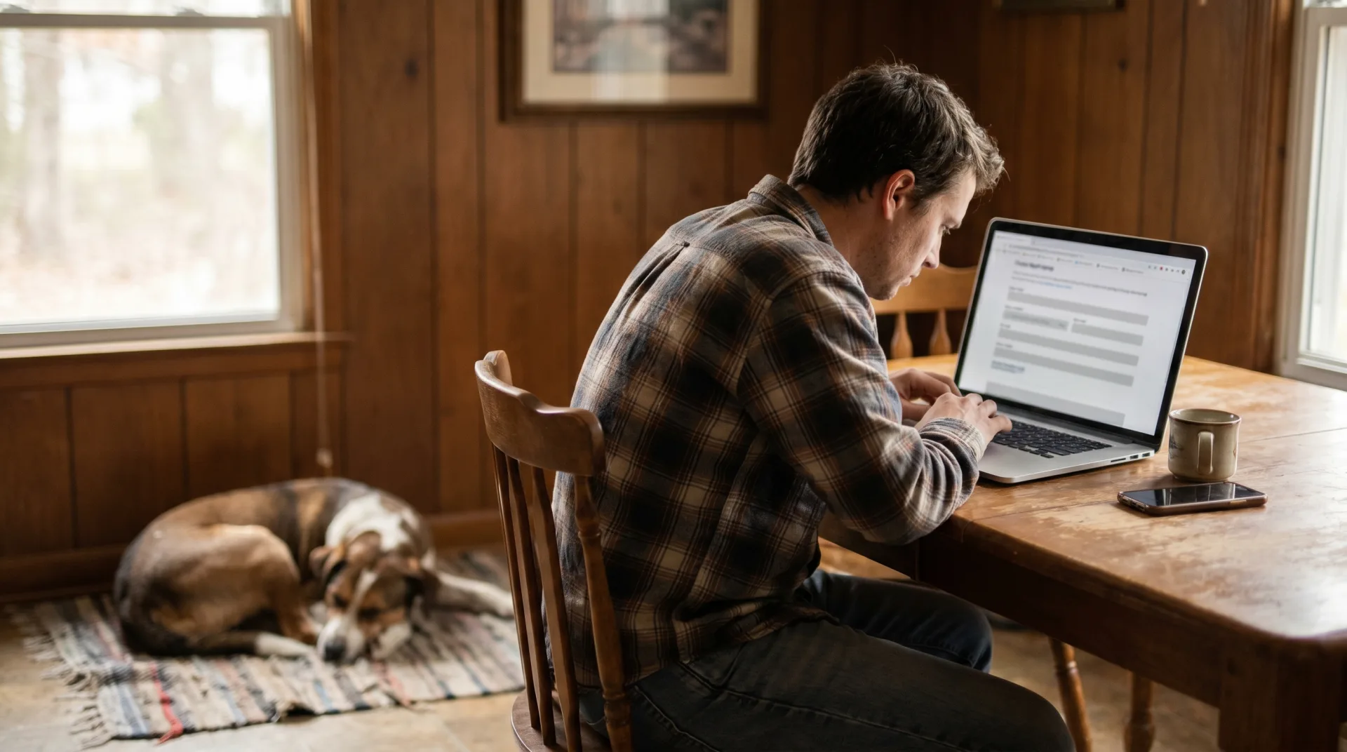 A North Carolina pet owner sits at a wooden kitchen table at home filling out a spay and neuter voucher application on an open laptop, while a brown and white mixed-breed dog naps on a worn rug nearby, soft window light filtering through a paneled wall conveying the low-friction at-home application process