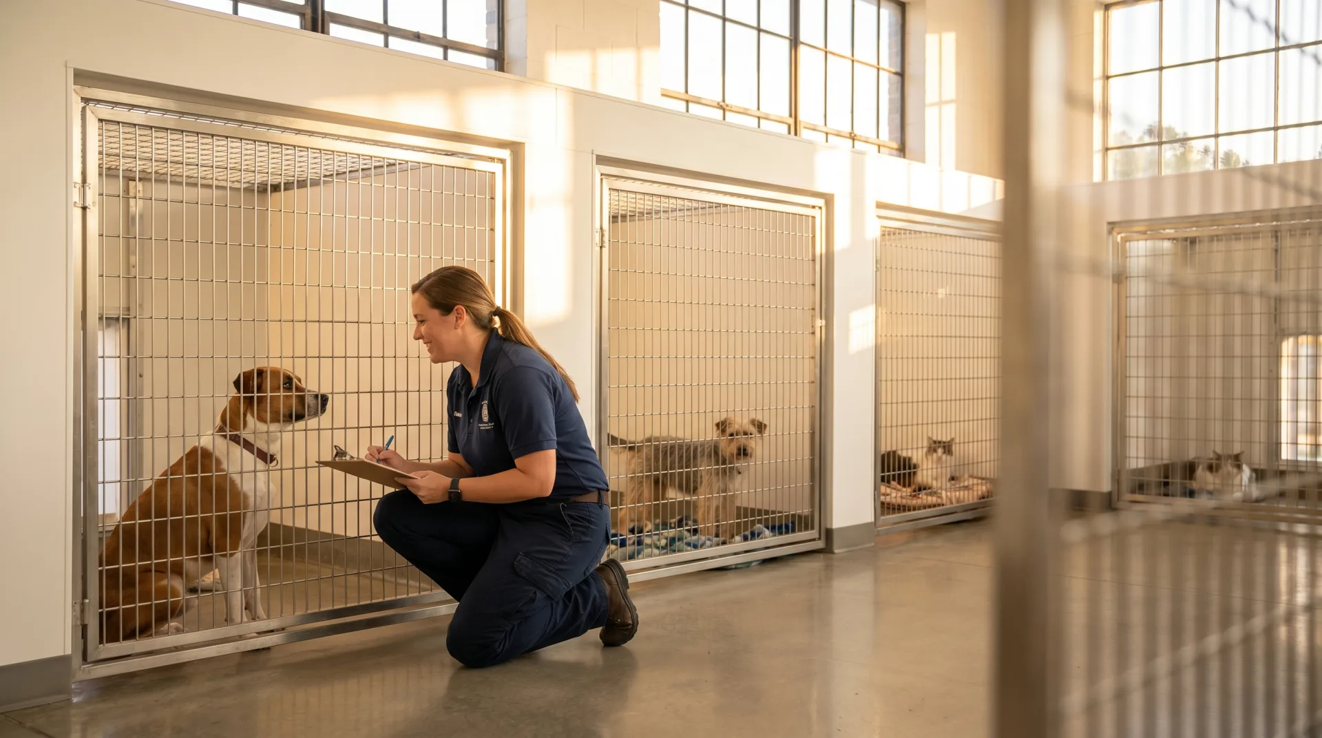 A quiet North Carolina county animal shelter intake area at golden hour, with a staff member kneeling at one kennel door holding a clipboard, soft natural light filtering through clean windows, calm dogs and cats visible in adjacent kennels, conveying a hopeful but honest mood of careful daily shelter work