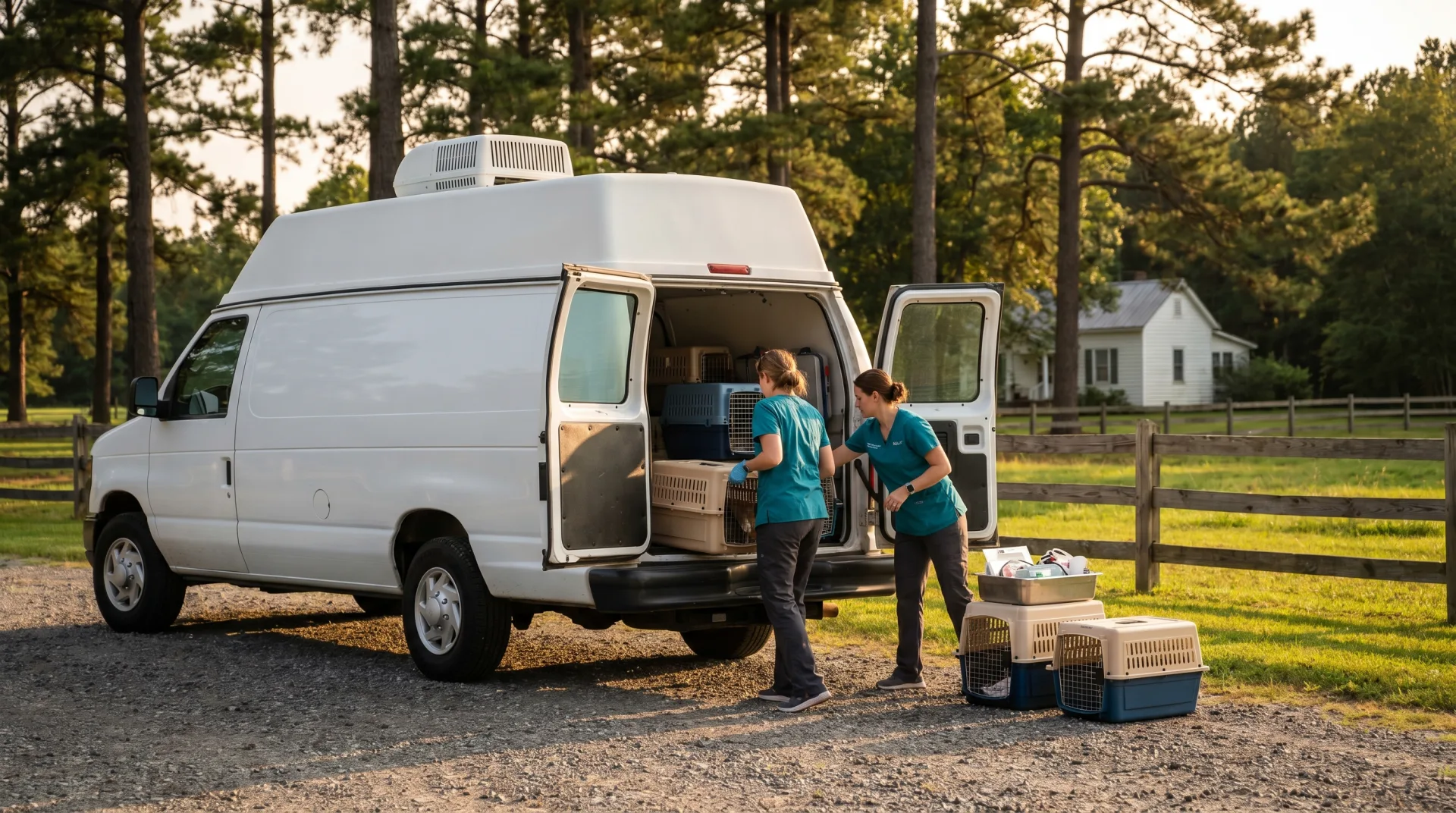 A mobile spay and neuter veterinary van parked at a rural North Carolina location with a small team of veterinary staff loading carriers and supplies through the rear doors, NC pine trees and a fenced pasture visible in the background, late afternoon golden light, conveying the upstream prevention work that reduces shelter intake