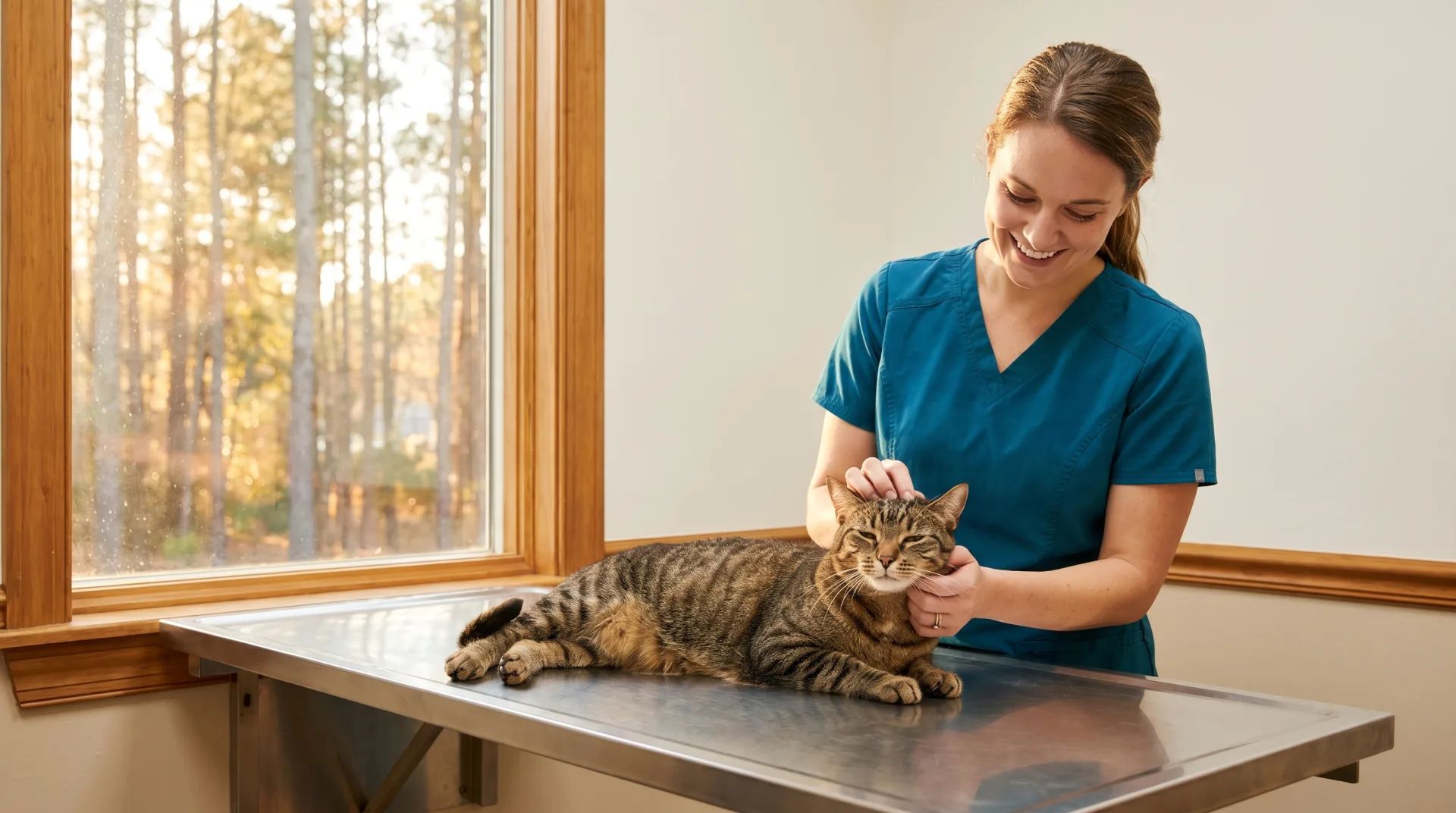 Veterinary technician in teal scrubs holding a calm brown tabby cat on a stainless exam table inside a North Carolina clinic, soft window light, NC pine forest blurred outside