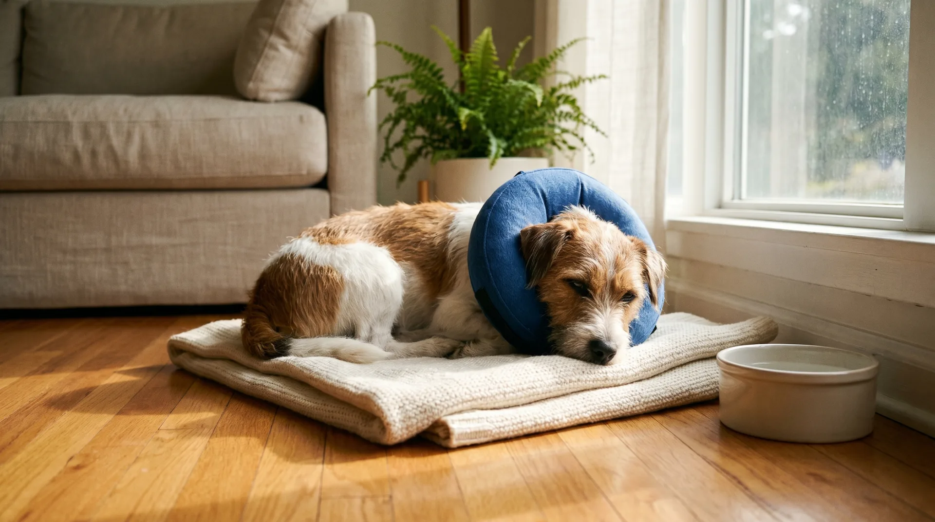 Brown and white small mixed-breed dog resting peacefully on a soft blanket after spay surgery, calm low-stress recovery scene with soft natural light