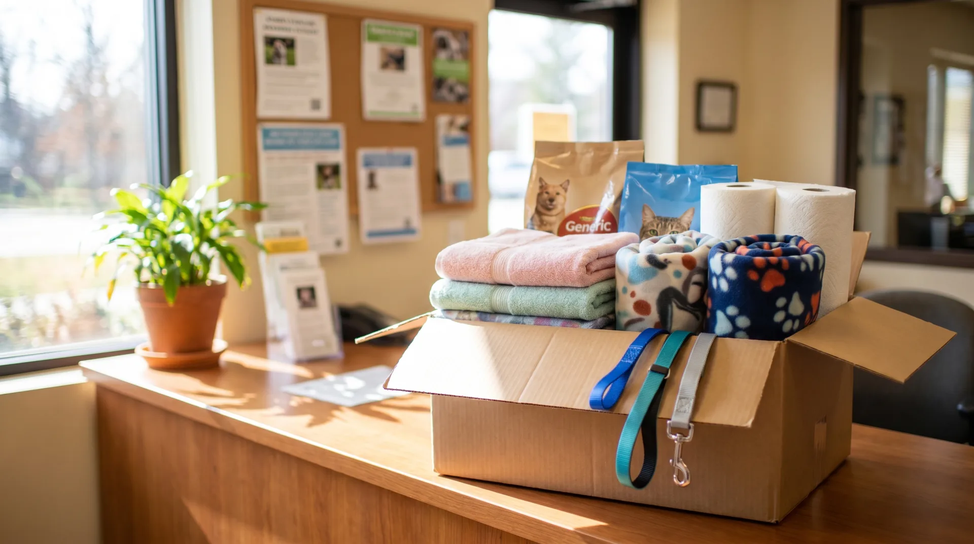 An open donation box at an animal shelter intake desk filled with bags of dog and cat food, folded towels and fleece blankets, cleaning supplies, and new leashes