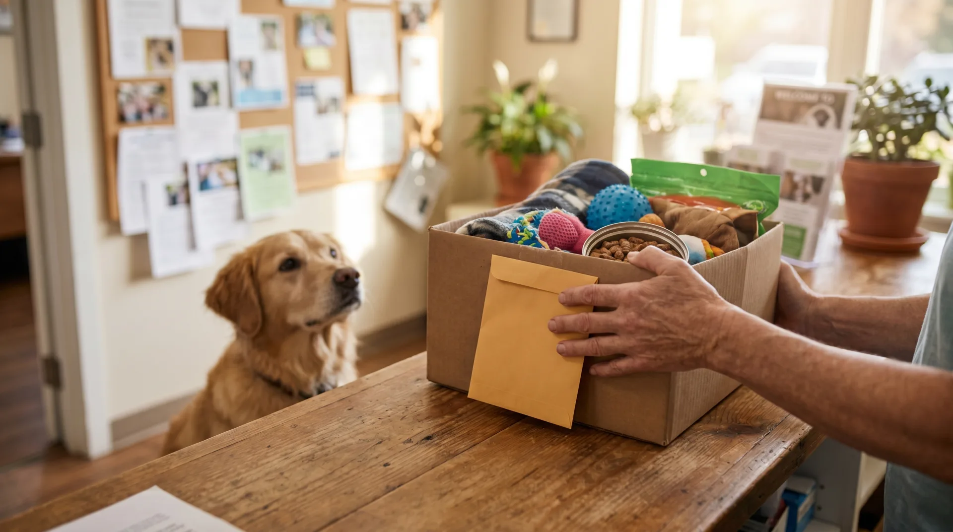 A pair of hands places a box of pet supplies and a donation envelope on the front desk of a community animal shelter while a calm shelter dog sits nearby in warm daylight