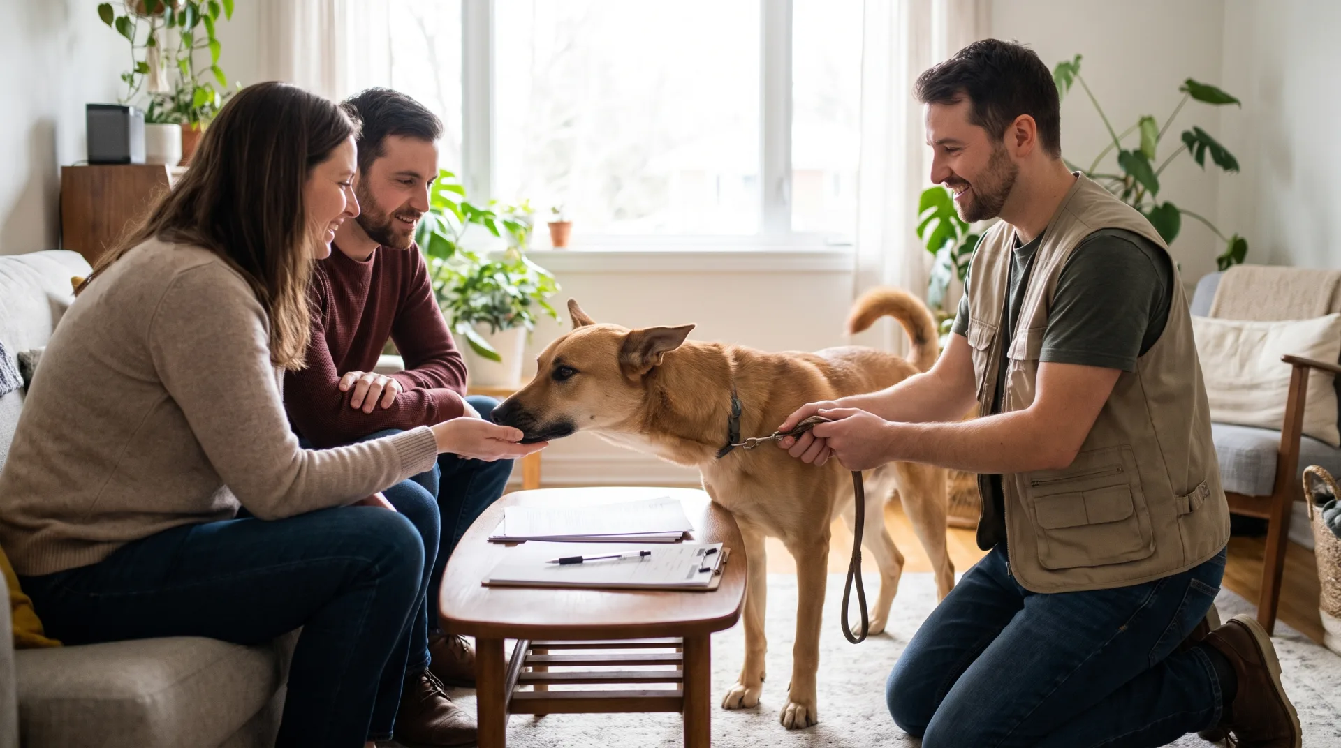 A rescue volunteer in a plain vest introduces a friendly adult dog to a seated couple during an adoption screening visit in a bright, calm room