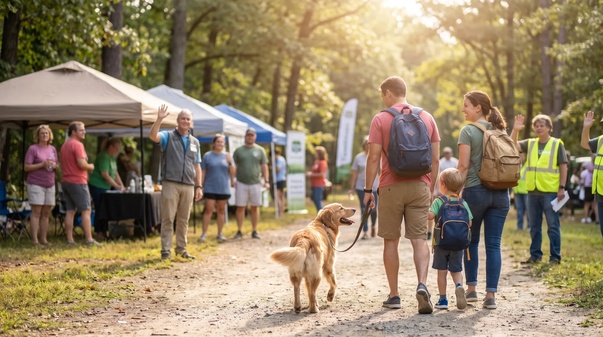 A smiling family leaves a North Carolina community adoption event with a newly adopted leashed dog as rescue volunteers wave goodbye under a clear sky