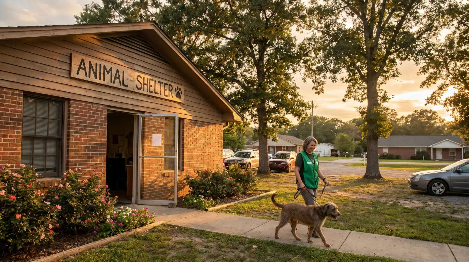 The welcoming brick exterior of a small-town North Carolina community animal shelter in golden afternoon light, with a volunteer walking a leashed dog near the entrance