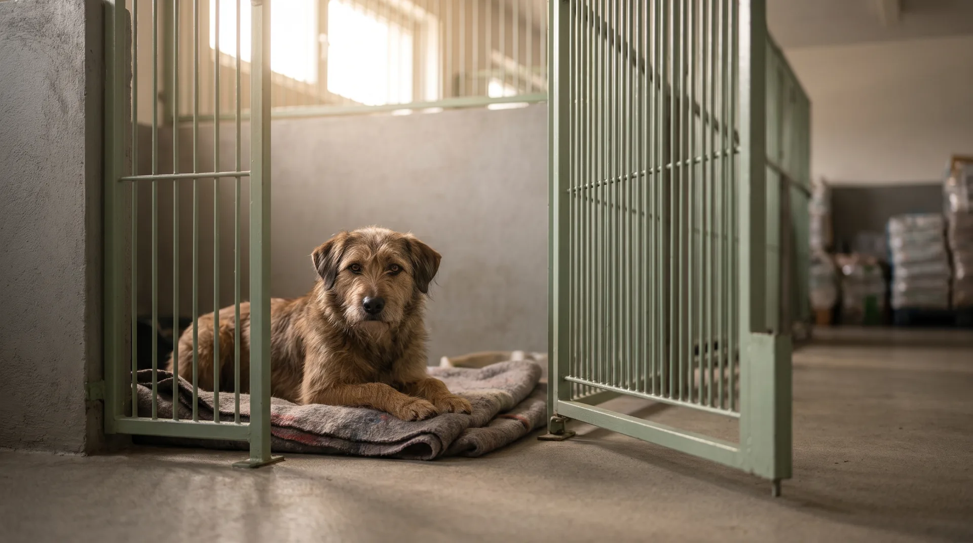 A brown mixed-breed dog rests on a blanket inside an animal shelter kennel, looking calmly through the open kennel gate in soft morning light