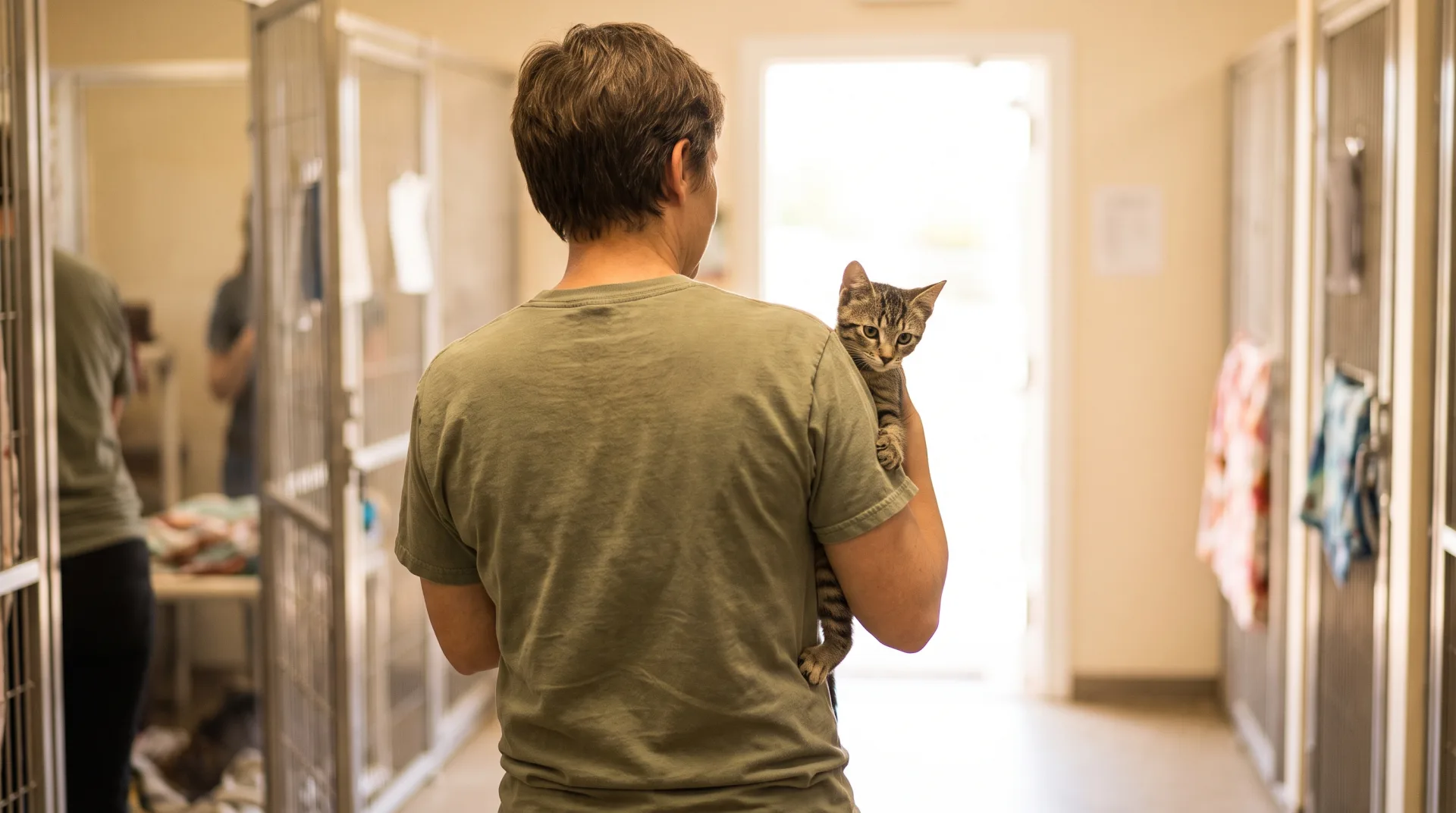 A shelter volunteer in an olive green shirt carries a young tabby cat down a bright shelter corridor toward an open door with daylight