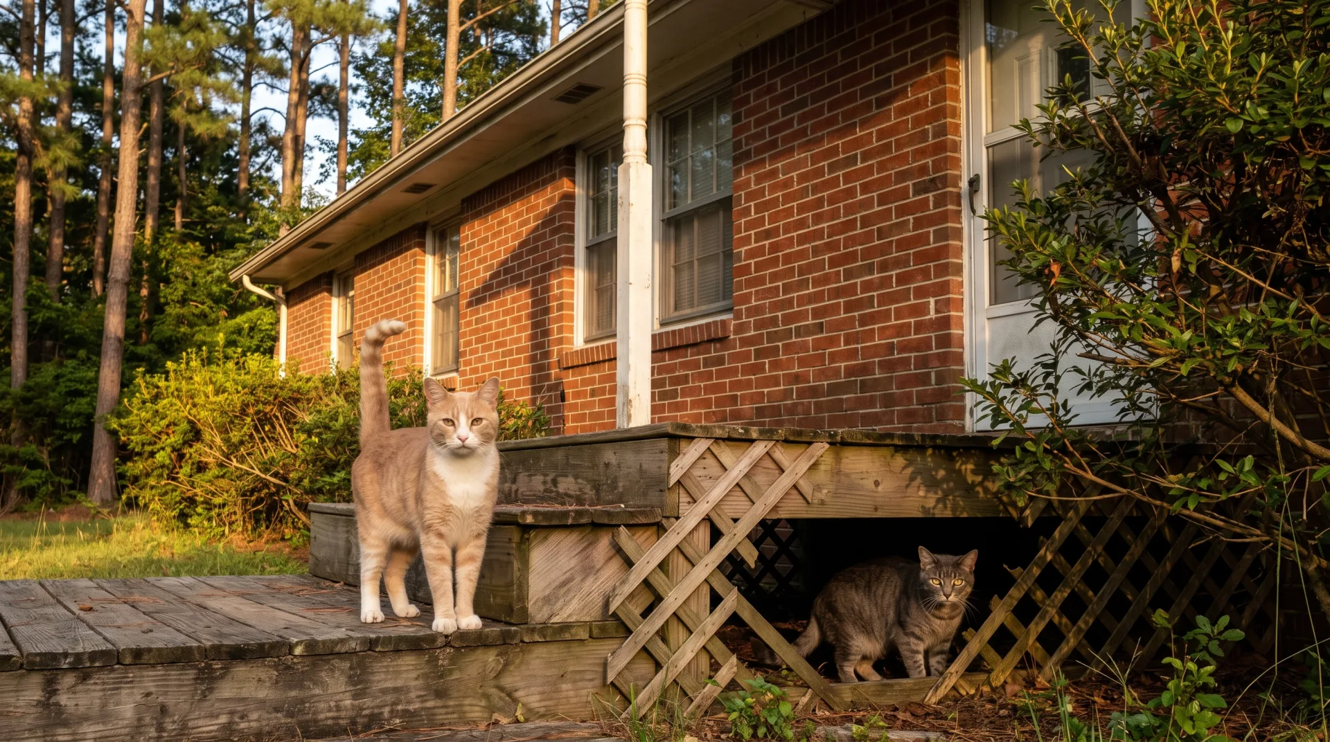 Two outdoor cats on a North Carolina front porch in late afternoon light: a friendly orange and white tabby standing on the step with its tail up, and a wary gray tabby crouched low in the shadows under the porch behind it