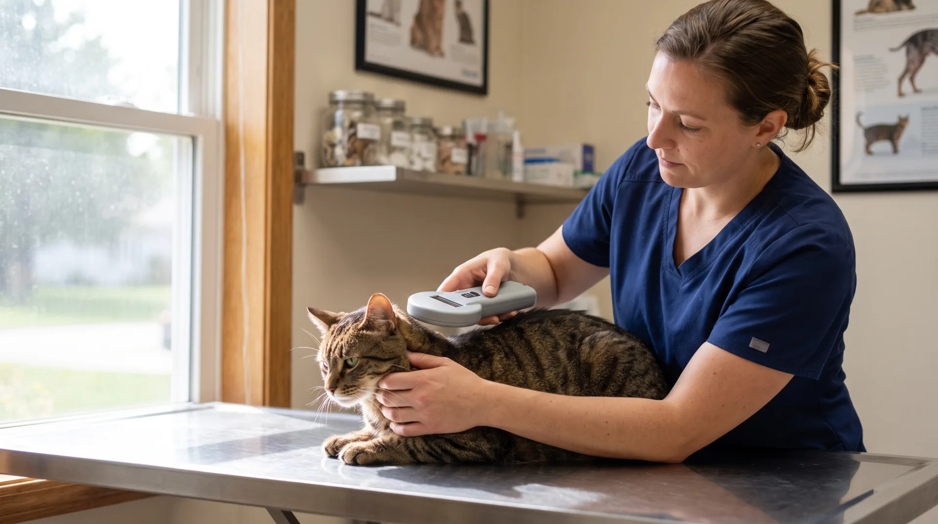 A veterinary technician in navy scrubs gently holds a calm brown tabby cat on a stainless steel exam table while passing a handheld microchip scanner over the area between the cat's shoulder blades