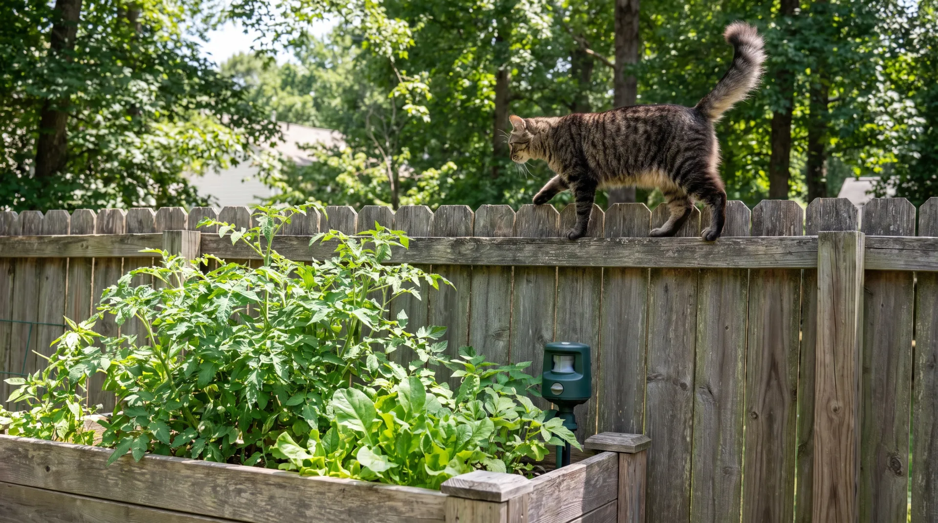 A cat walks calmly along the top of a wooden garden fence in a sunny North Carolina backyard with a raised garden bed below, illustrating humane ways to steer cats away from certain areas