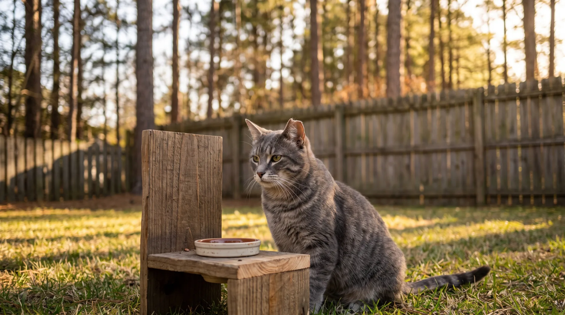 An ear-tipped tabby cat sits calmly beside a simple wooden feeding station in a tidy North Carolina backyard at golden hour, its clipped left ear visible as a sign it has been through a trap-neuter-return program