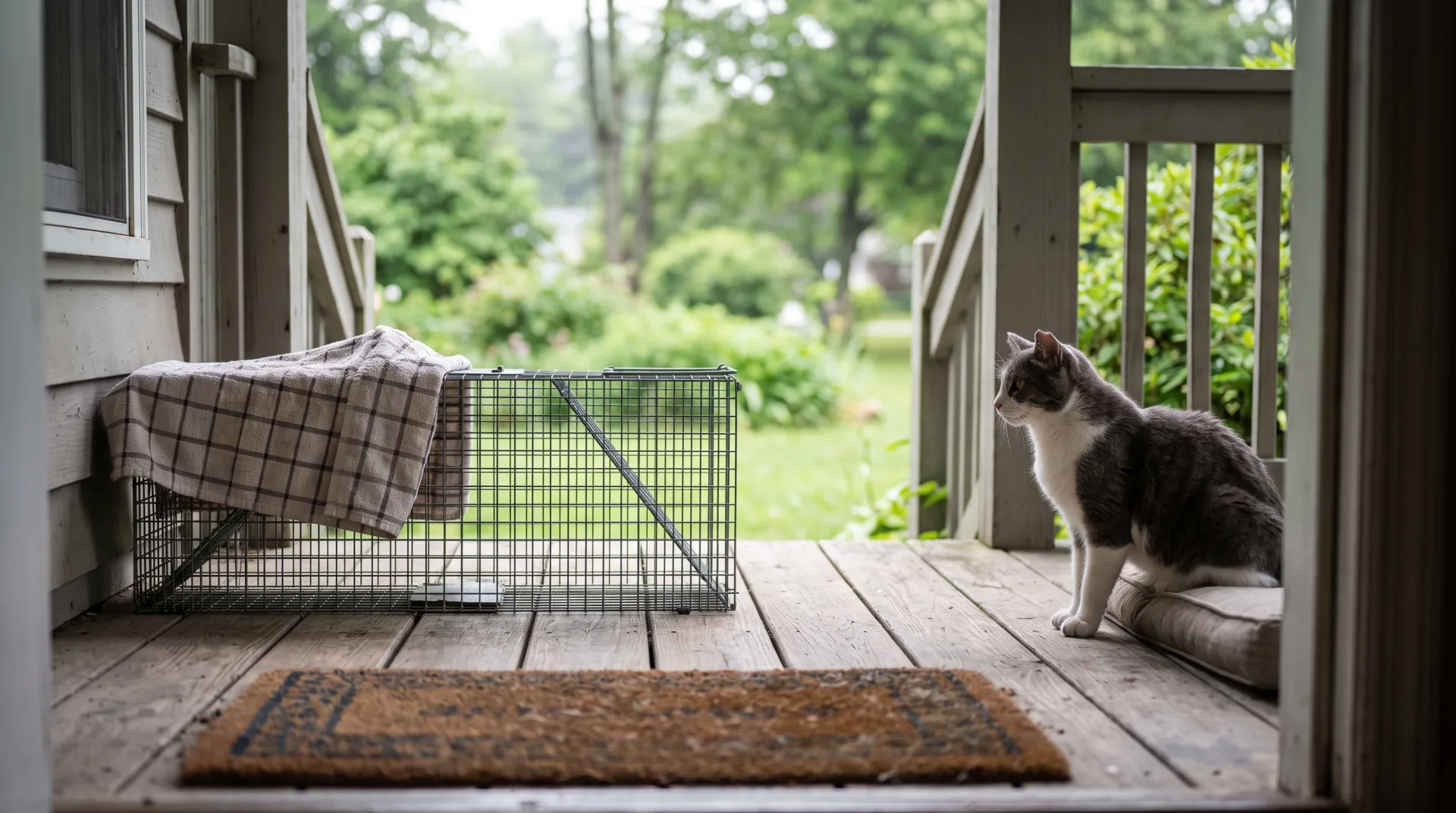 A humane wire box trap sits on a porch draped with a towel while a calm ear-tipped cat waits nearby, illustrating the trap-neuter-return process for community cats