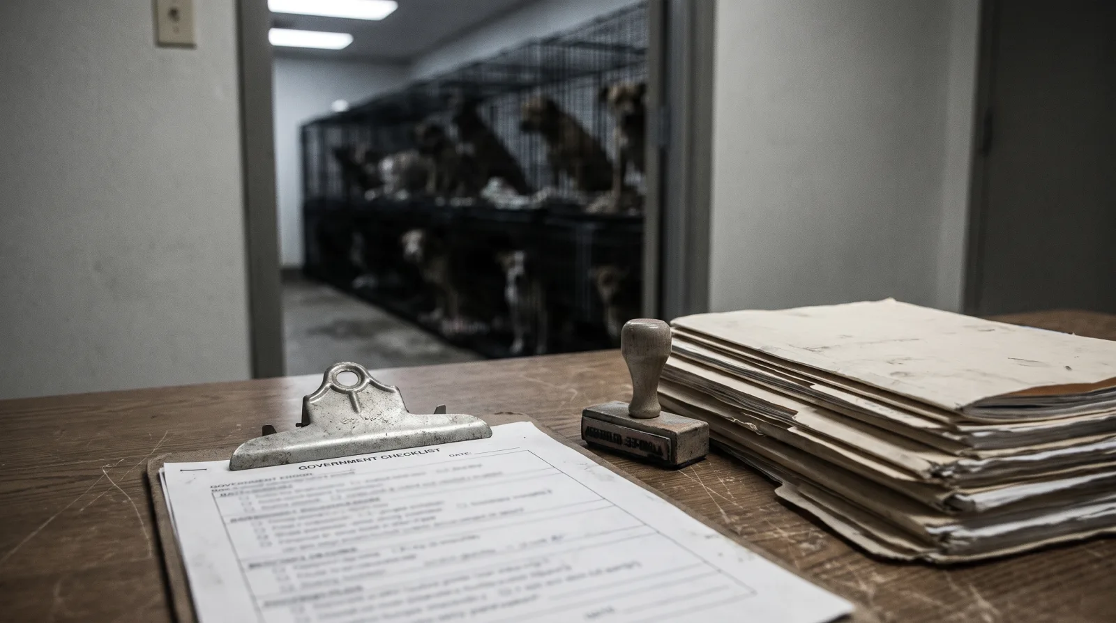 A government animal-welfare inspection clipboard, rubber stamp, and a stack of overflowing unprocessed case files on a desk, with dogs visible in a blurred commercial breeding kennel in the background, illustrating unenforced federal oversight