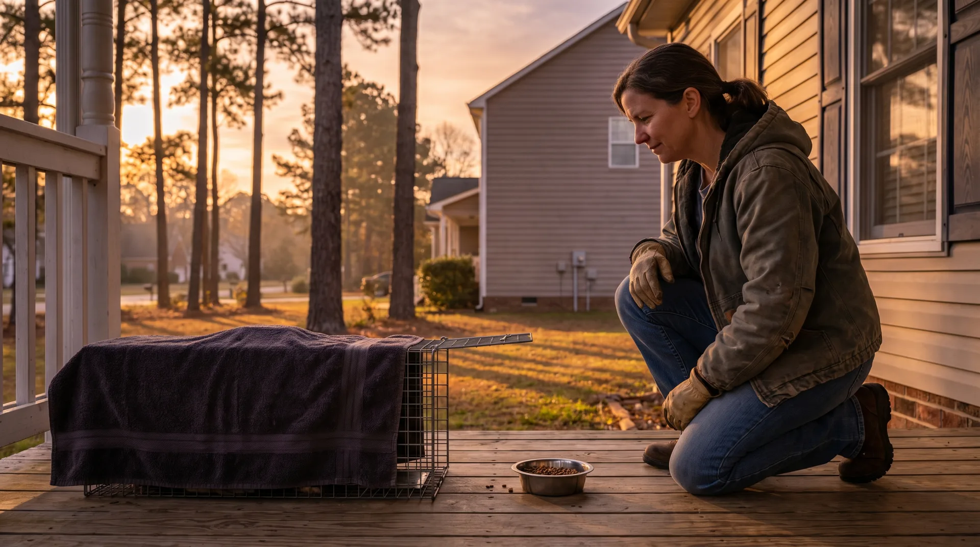 A community volunteer kneels beside a covered humane trap on a quiet suburban porch at dawn in a North Carolina neighborhood, checking on a feral cat, with soft golden morning light filtering through pine trees in the background