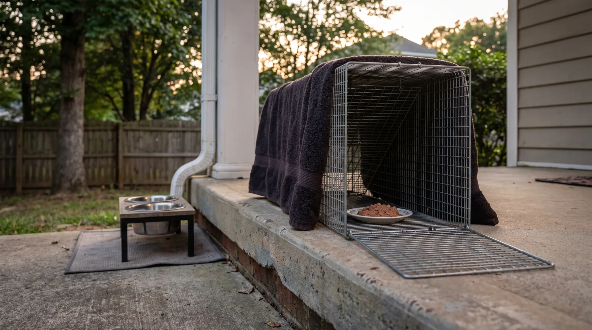 A humane wire box trap sits on a porch step at dusk near a feeding station, covered with a dark towel and baited with a small dish of wet food, showing a typical TNR trapping setup in a residential North Carolina neighborhood
