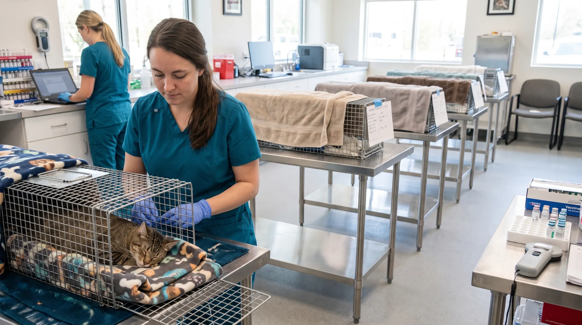A row of towel-covered humane box traps with paper record cards on stainless steel tables inside a spay and neuter clinic, while a veterinary technician in teal scrubs and blue gloves checks a tabby cat resting on a fleece blanket in an open trap