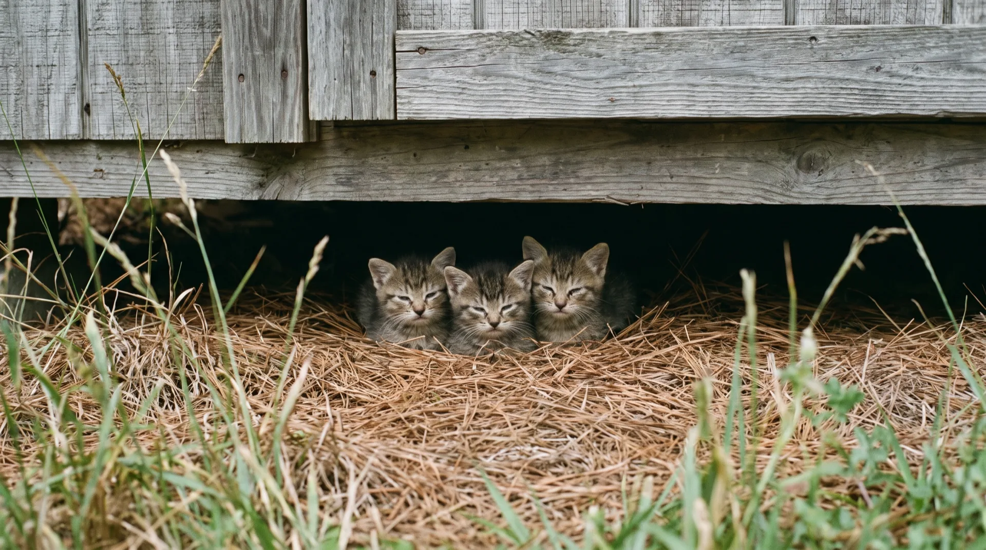 Three small tabby kittens huddled shoulder to shoulder on a bed of pine straw in the shadowed gap beneath a weathered gray garden shed, photographed from several feet away through tall grass