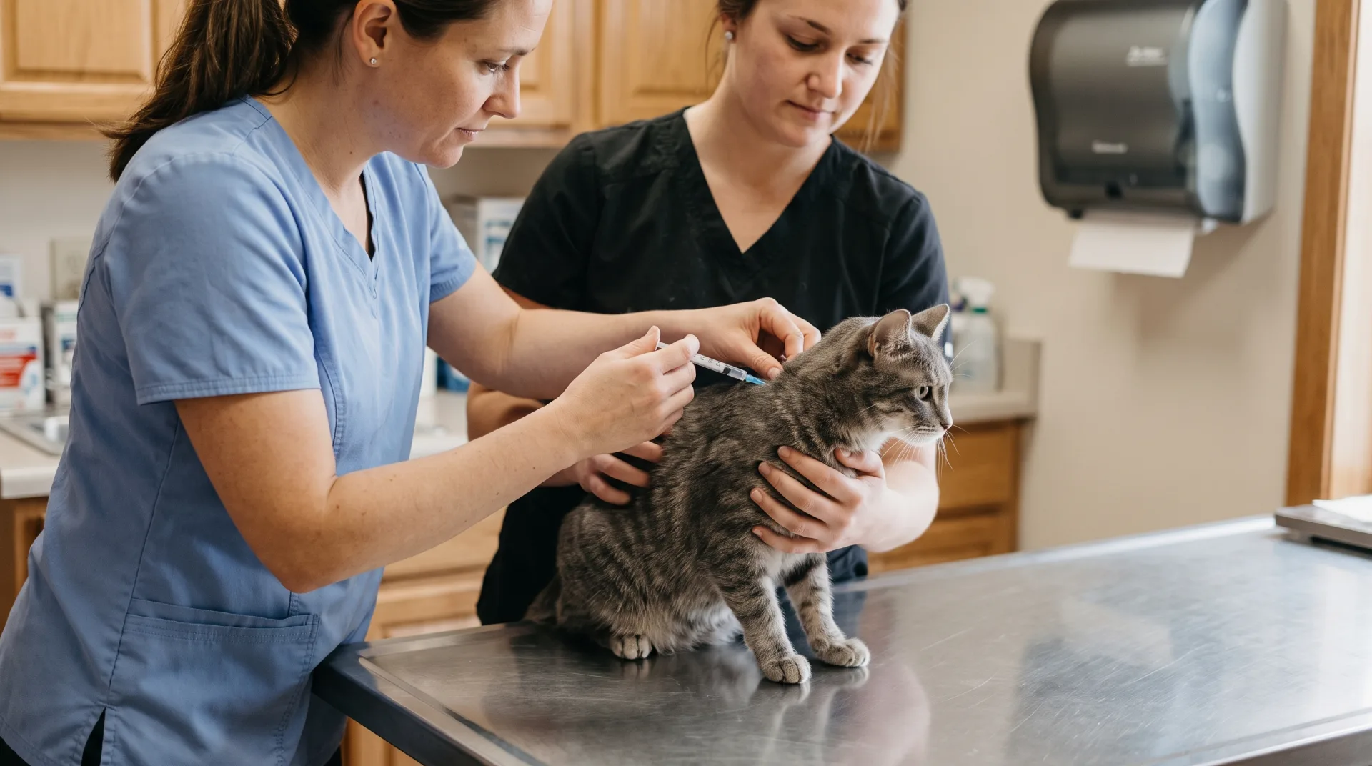 A veterinarian in light blue scrubs administers a rabies vaccine to a calm gray tabby cat held gently on a stainless steel exam table by a veterinary technician in a small town clinic
