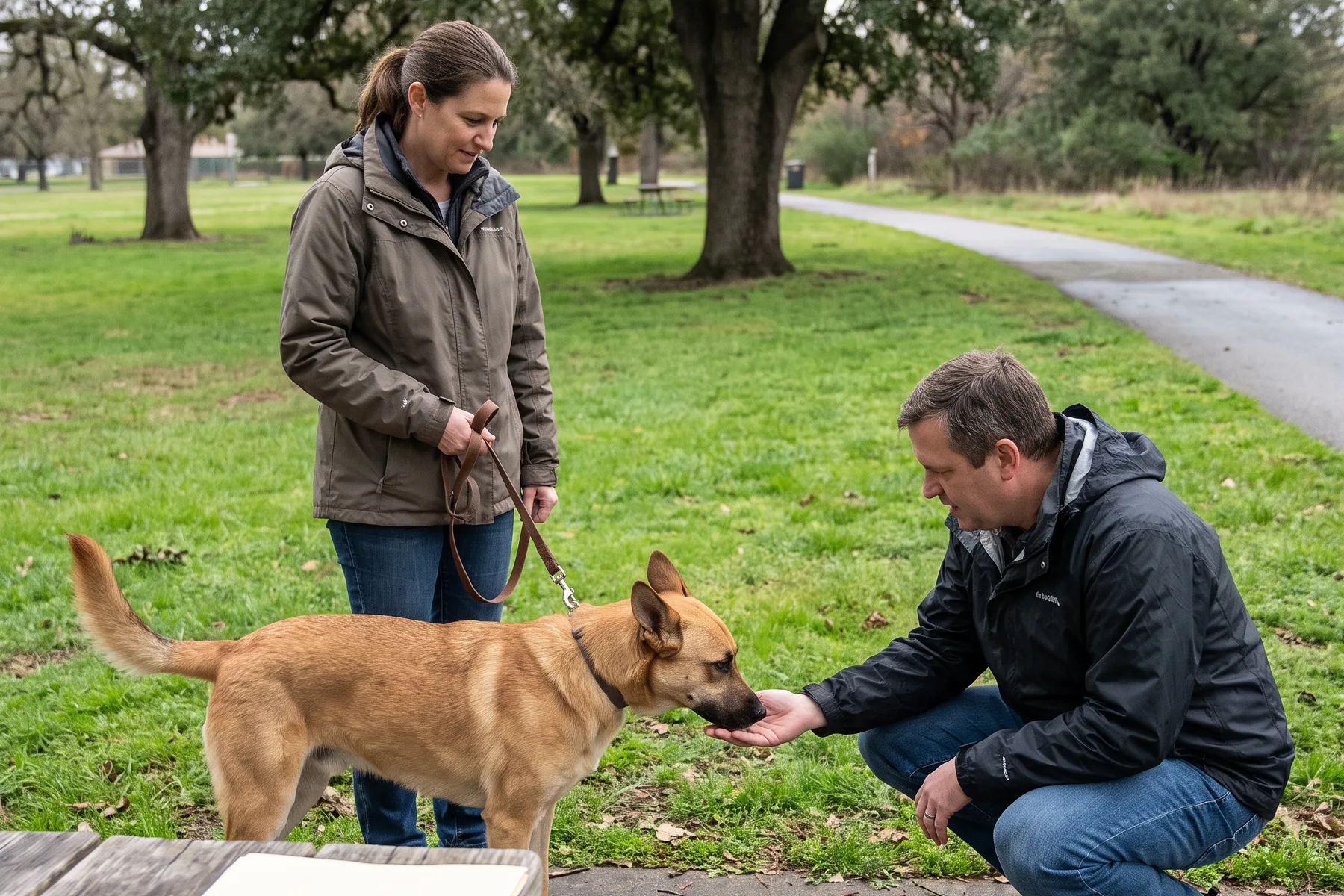 A woman holding the leash of a tan shepherd mix in a public park while a man crouches down and offers his open hand for the dog to sniff, with a folder of paperwork on a picnic table in the foreground