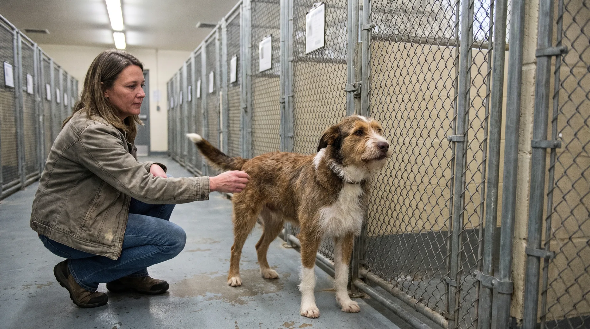 A woman in a canvas jacket crouching on the concrete floor of a county animal shelter kennel hallway with her hand resting on the back of a scruffy brown and white mixed-breed dog standing beside her, rows of chain-link kennel runs with cage cards receding behind them