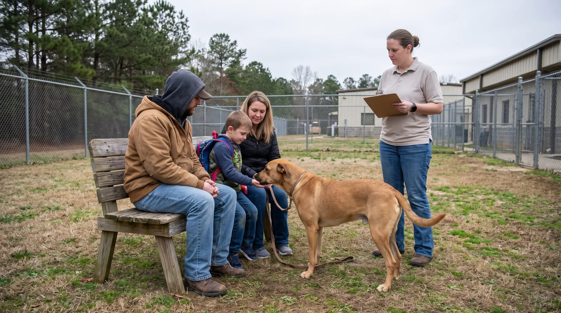 A family of three sitting on a wooden bench in a fenced grassy meet-and-greet yard behind a county animal shelter while a tan short-haired mixed-breed dog on a slack leash sniffs the child's outstretched hand and a staff member watches