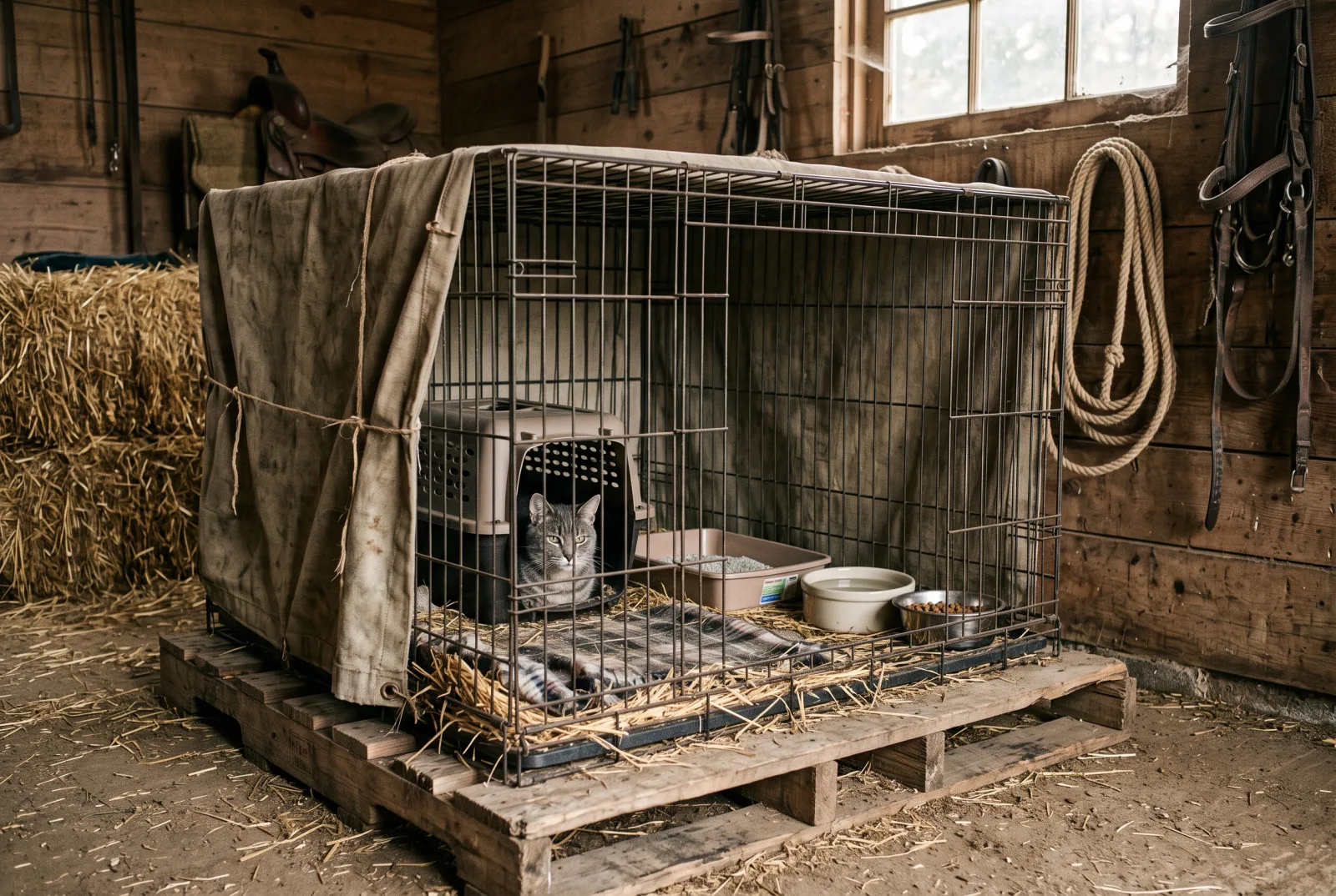 A large wire crate covered with a canvas tarp and raised on a wooden pallet inside a barn tack room, holding a gray tabby cat resting in a plastic carrier alongside a litter pan, water bowl and food dish