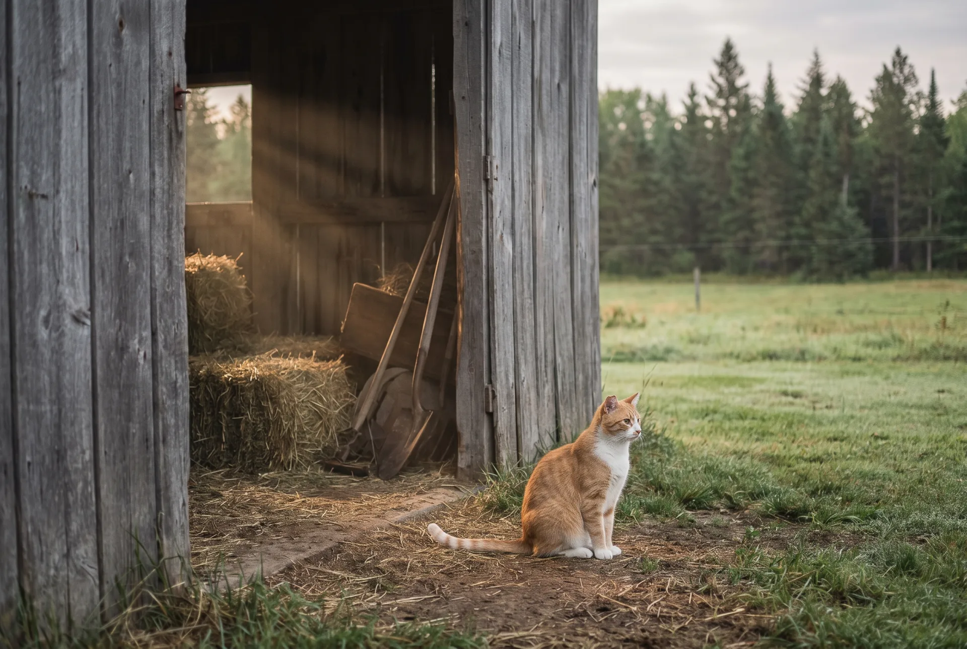 An orange and white barn cat sitting on packed dirt at the open doorway of a weathered gray wooden barn, looking out across a green North Carolina pasture toward a pine treeline in early morning light