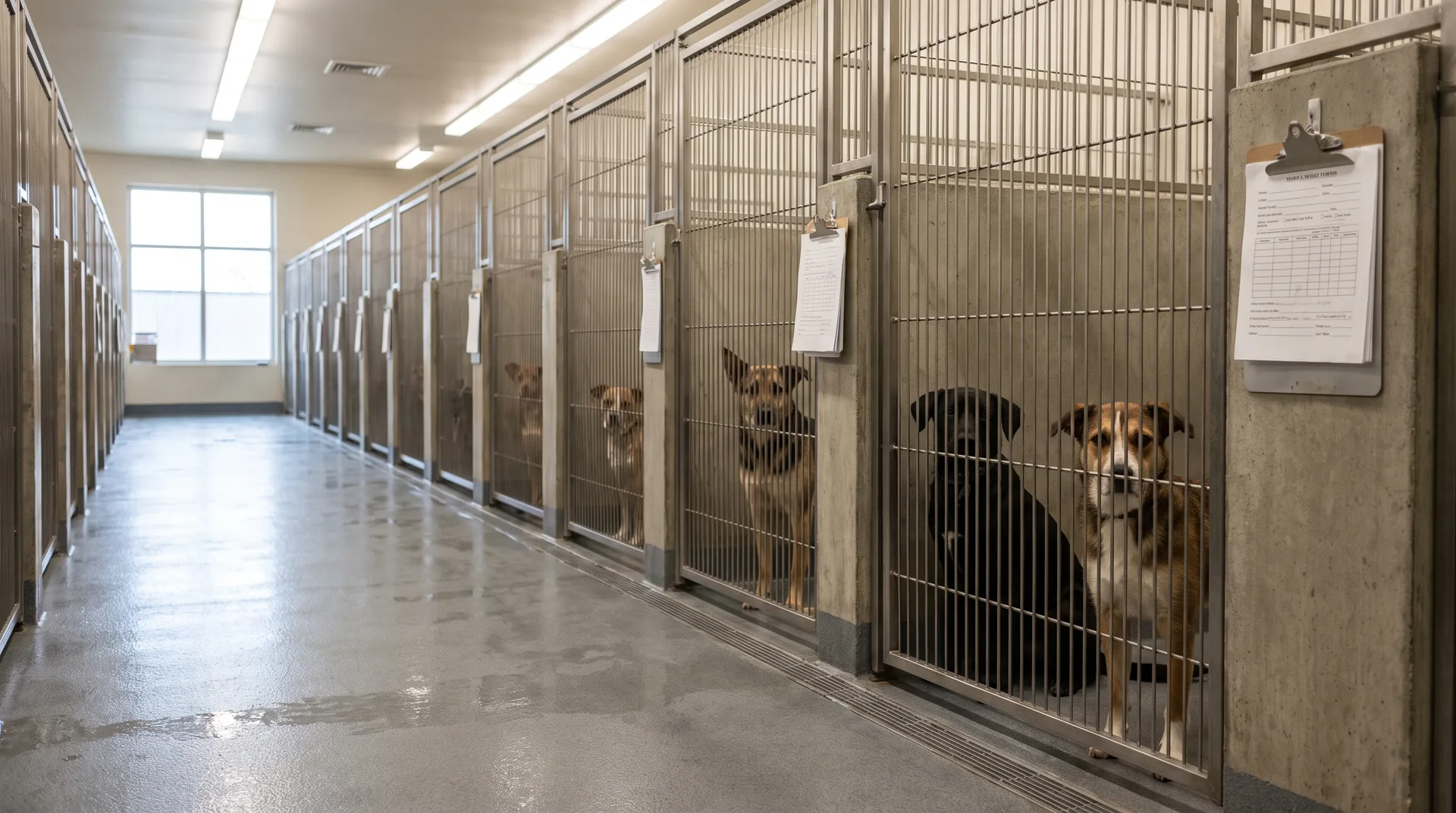 A row of clean kennels in a North Carolina county animal shelter, most occupied, with a clipboard of intake paperwork hanging beside the nearest door