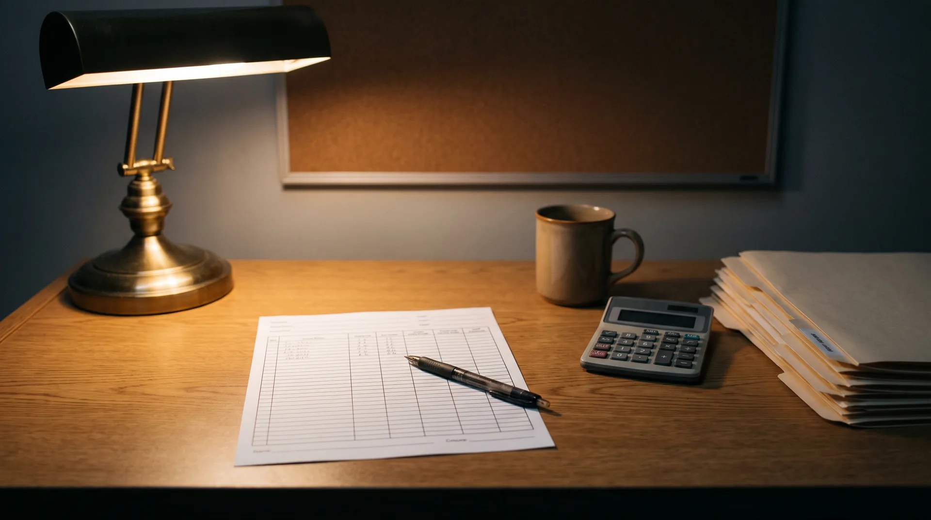 A shelter office desk with a printed annual report form, a calculator and a stack of intake records under a desk lamp