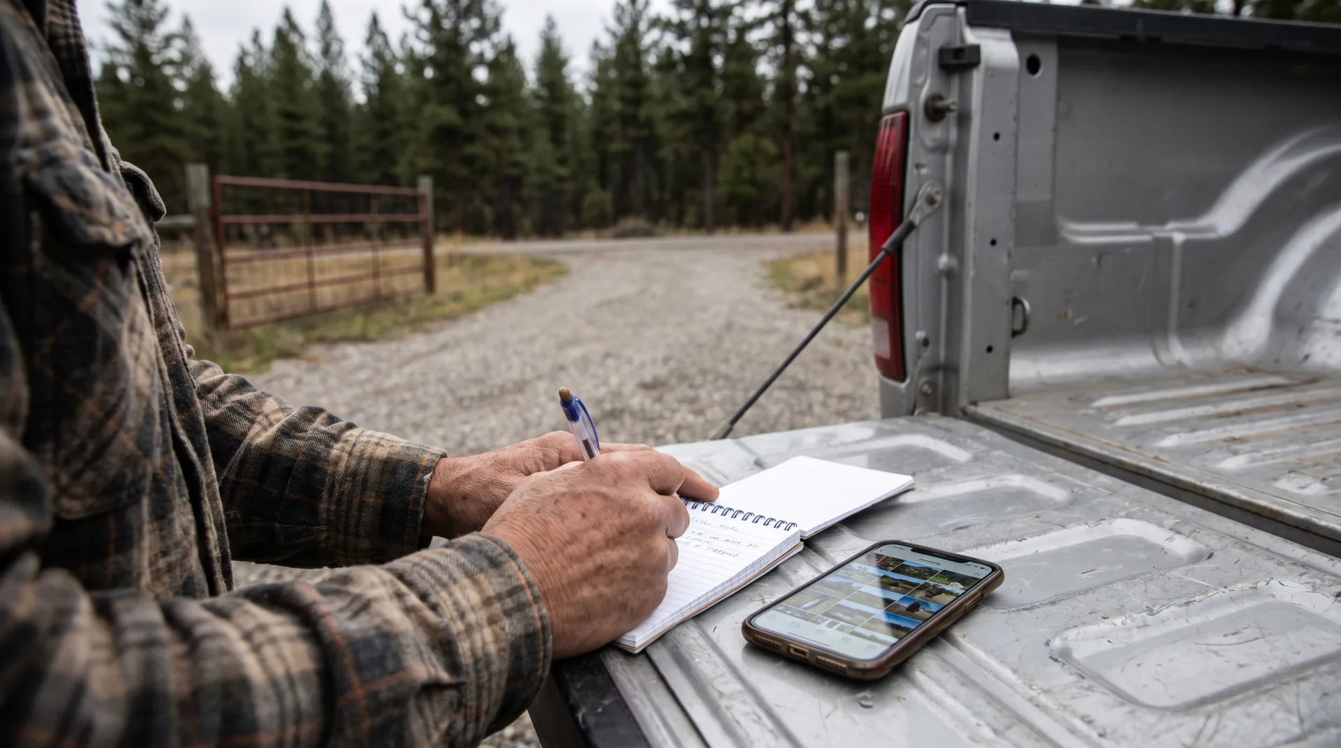 Close-up of a person's hands on a pickup truck tailgate in rural North Carolina writing the date and time in a small spiral notebook, with a smartphone lying face up beside it showing a grid of outdoor photos