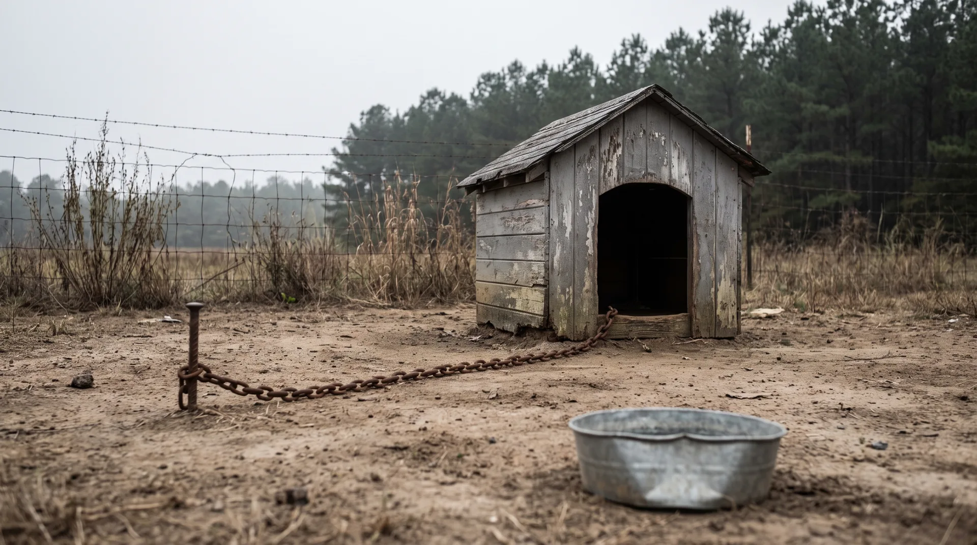 A weathered gray wooden dog house in a bare dirt yard in rural North Carolina, with a heavy rusted chain running from a stake to the doorway and an empty galvanized water bowl sitting in the dirt nearby under flat overcast light