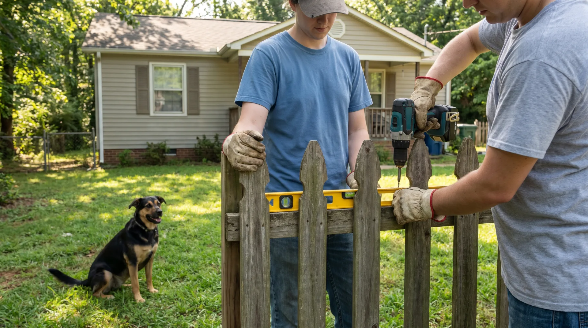 Two volunteers in work gloves level and screw a wooden picket fence into place in a small backyard while a black and tan dog sits off-leash on the grass watching