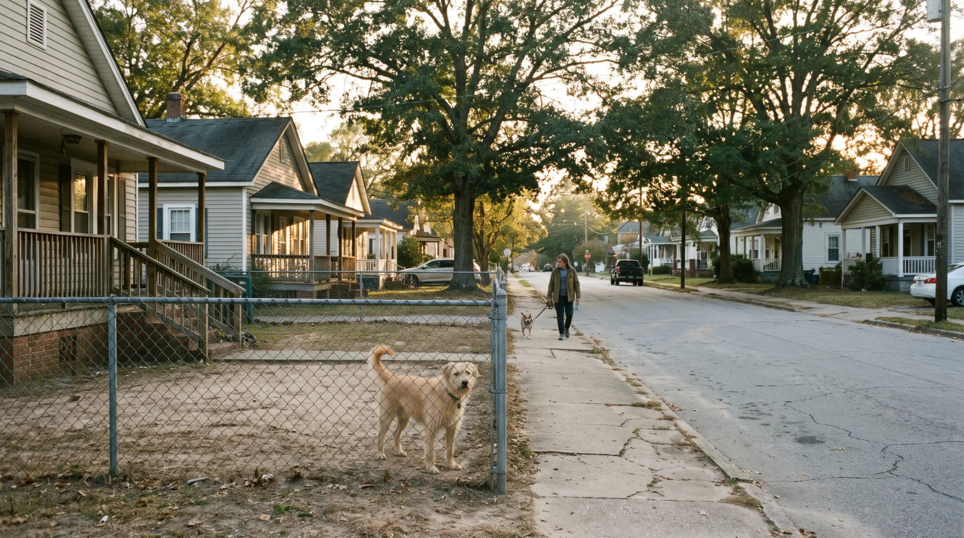 A yellow dog stands loose inside a chain-link fenced front yard on a small-town North Carolina street while a neighbor walks a small dog on a leash along the sidewalk