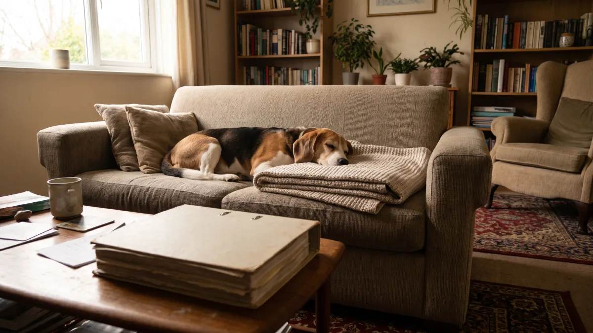 A calm adult beagle rests on a living room couch in a foster home, with a binder of records on the coffee table nearby.