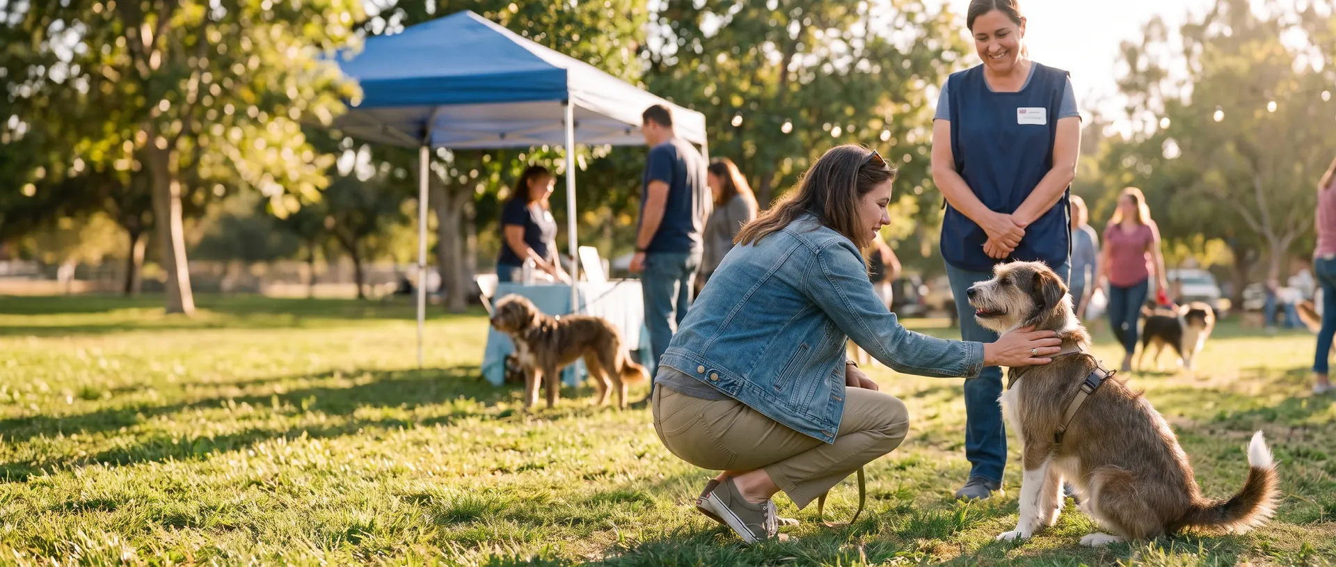 A woman kneels to greet a dog at an outdoor adoption event under a blue canopy, with volunteers and other dogs on the lawn behind