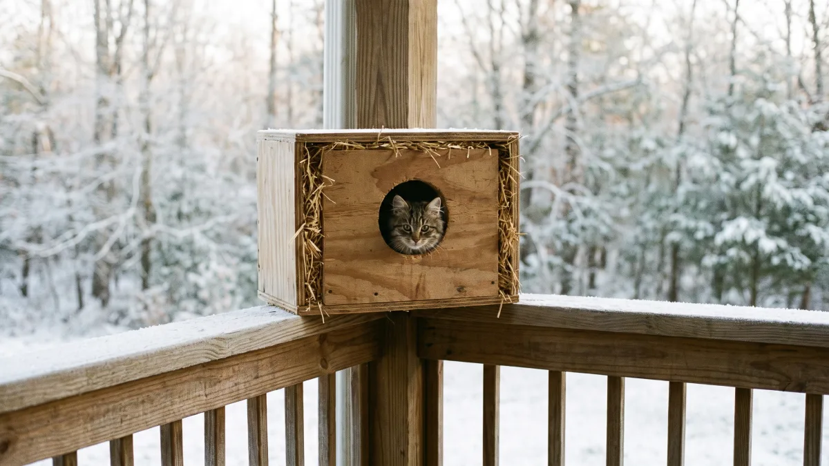 A content cat peeks out of a straw-lined insulated shelter box on a frosty back porch in North Carolina.