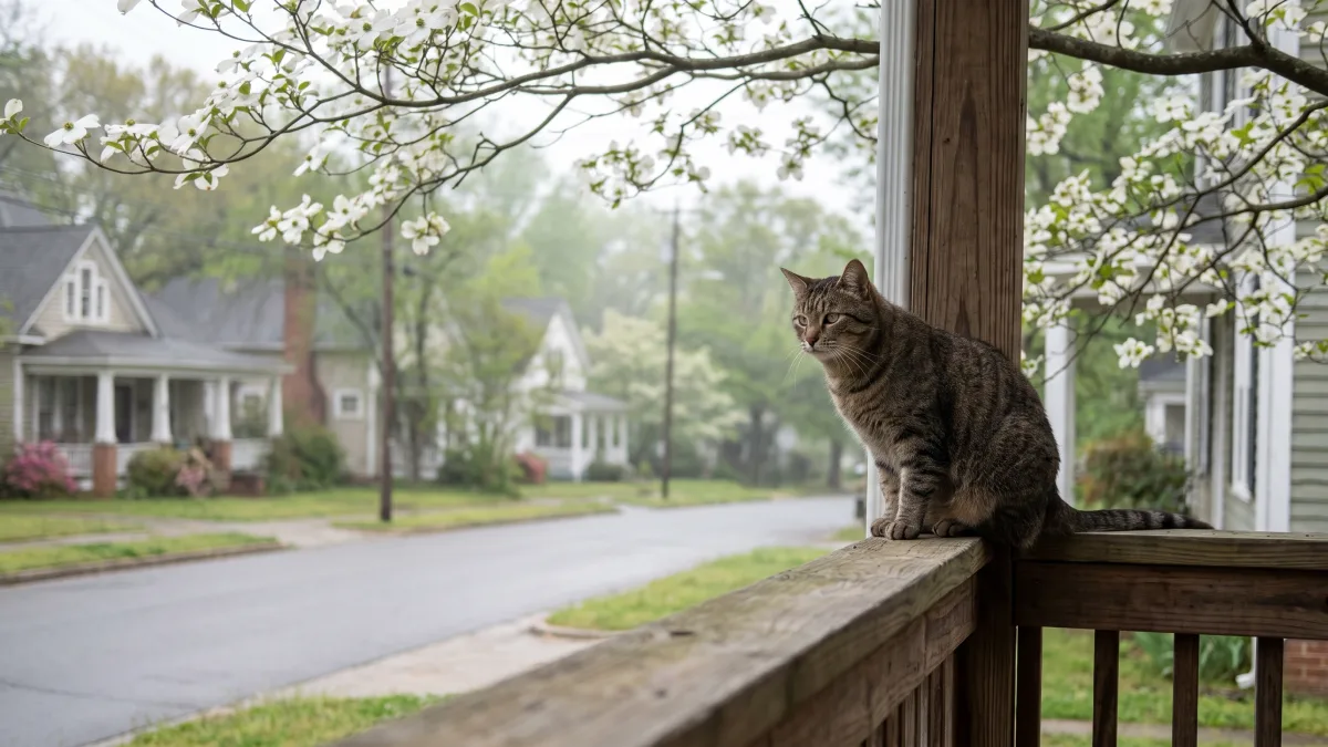 A tabby cat watches from a porch rail on a quiet North Carolina street beneath blooming dogwood branches in spring.